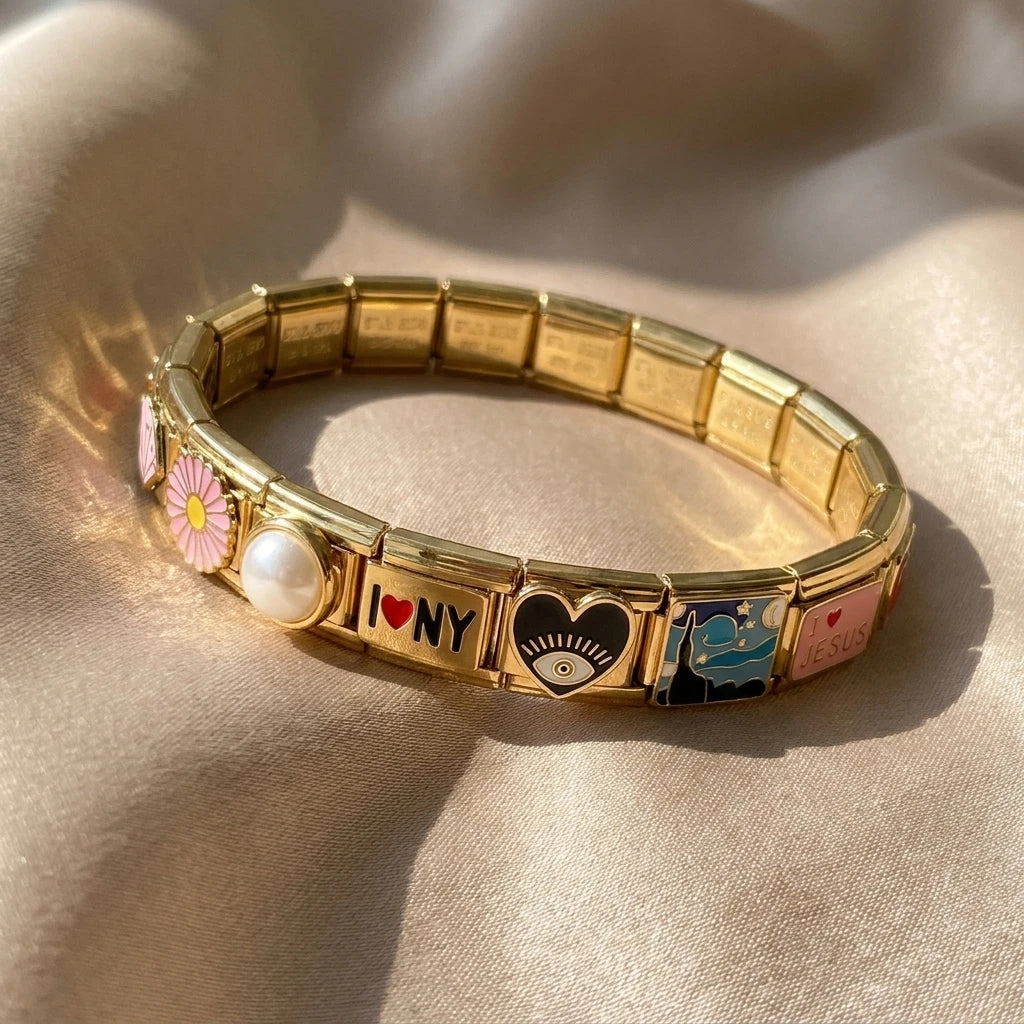 Bracelet à charms italiens en acier doré, maillons émaillés, vue 5, King Watch