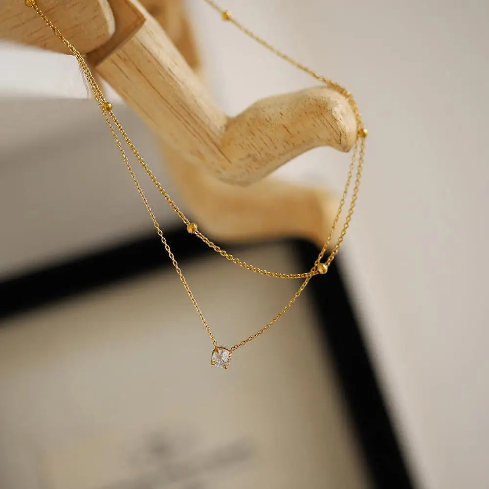 Collier double rang en acier inoxydable, chaîne à perles et pendentif zircone, vue 5, King Watch