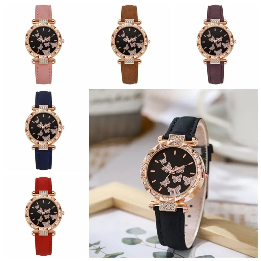Montre femme à cadran orné de papillons et de strass, bracelet en cuir, vue 4, King Watch