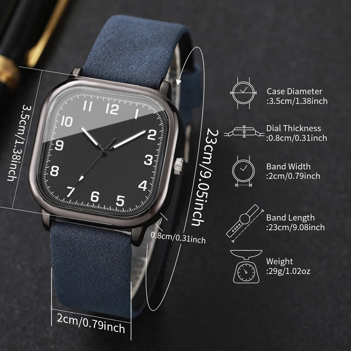 Square men's watch, anthracite grey case and blue leather strap, view 6, King Watch