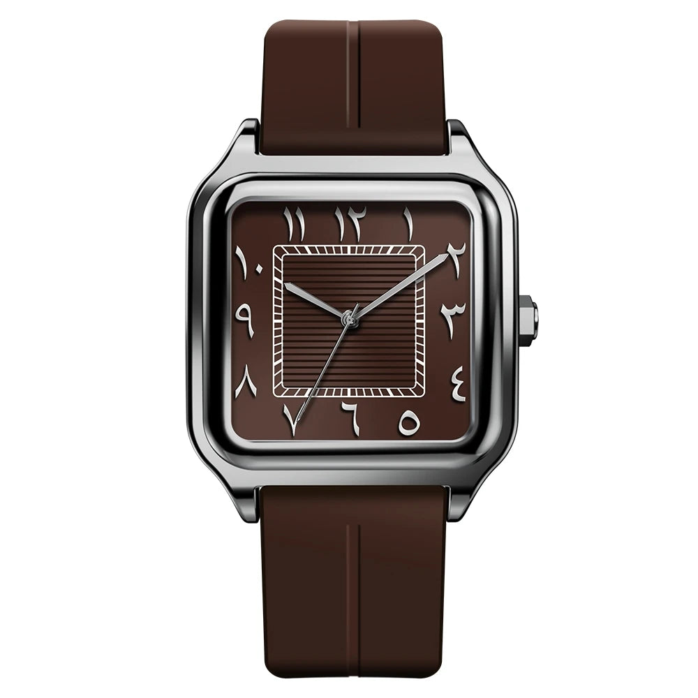 Men's square watch with Eastern Arabic numerals, ribbed dial, brown dial, brown strap, King Watch