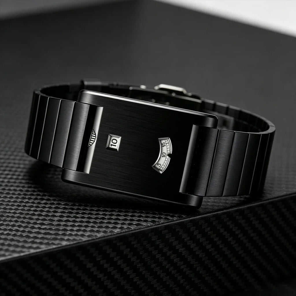Rectangular jump hour watch in brushed steel, view 4, King Watch