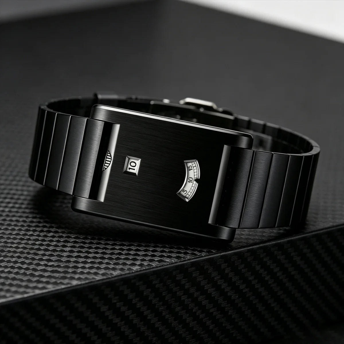 Rectangular jump hour watch in brushed steel, view 4, King Watch