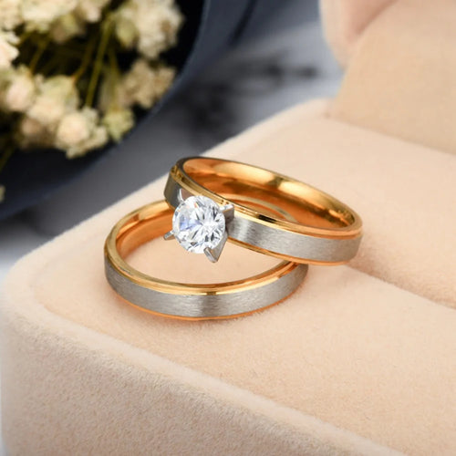 Bagues de couple en acier inoxydable bicolore, anneau brossé et bague sertie, vue 2, King Watch