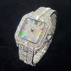 Montre homme iced out carrée à chiffres romains colorés, acier serti de strass, King Watch
