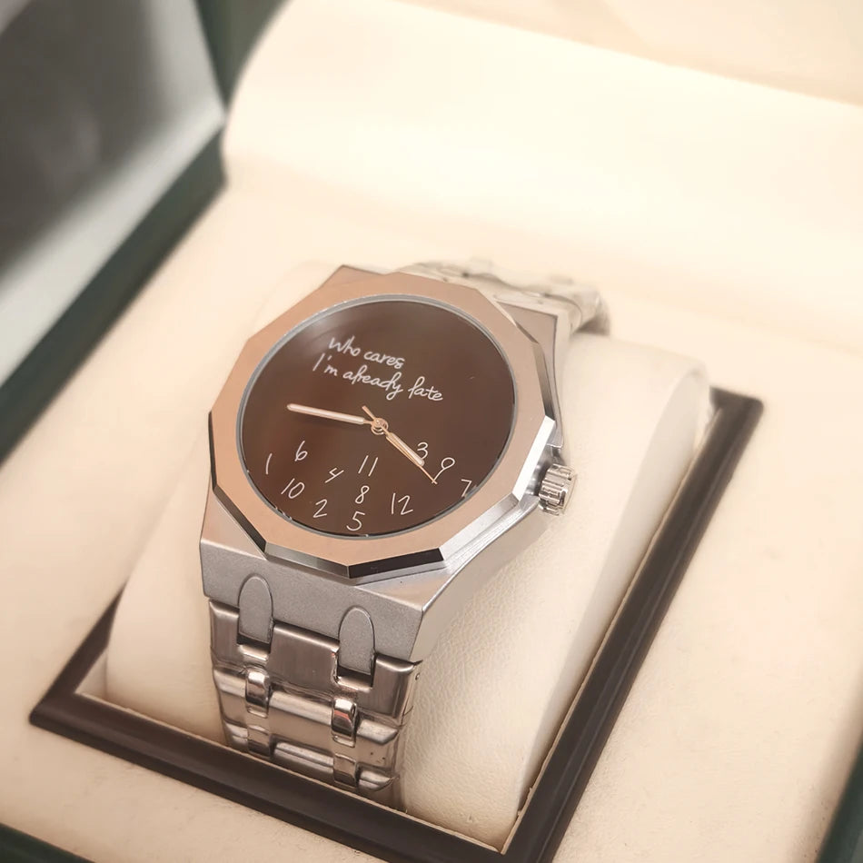 Octagonal watch with Who cares I'm already late dial, jumbled numerals, view 6, King Watch