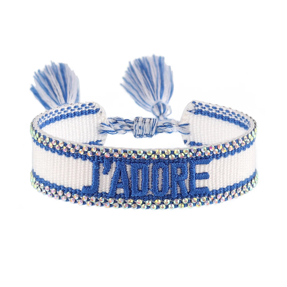 Bracelet brodé tissé en coton à pompons, blanc et bleu, liseré strass, King Watch