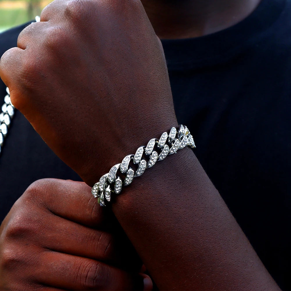 Bracelet maille cubaine iced out serti de strass, sertie fine, argentée, King Watch
