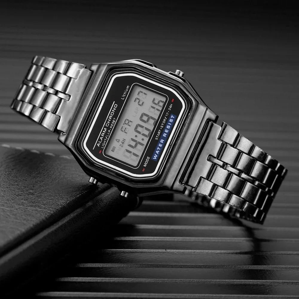 Montre digitale rétro rectangulaire, bracelet en acier inoxydable, anthracite, King Watch