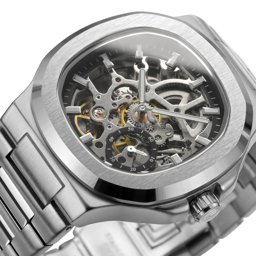 Skeleton automatic steel watch, visible movement, silver-tone, black skeleton, King Watch