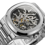 Skeleton automatic steel watch, visible movement, silver-tone, black skeleton, King Watch