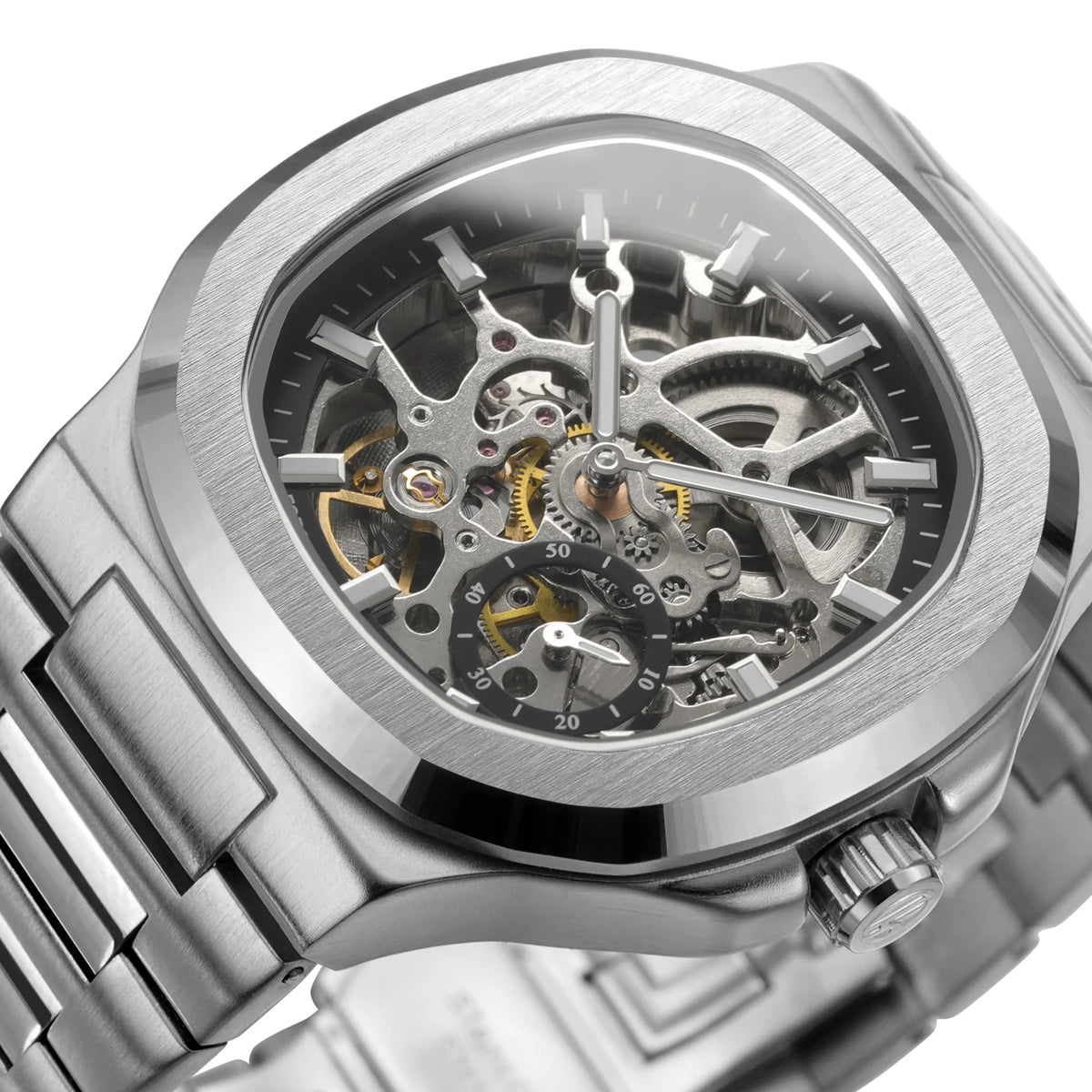 Skeleton automatic steel watch, visible movement, silver-tone, black skeleton, King Watch