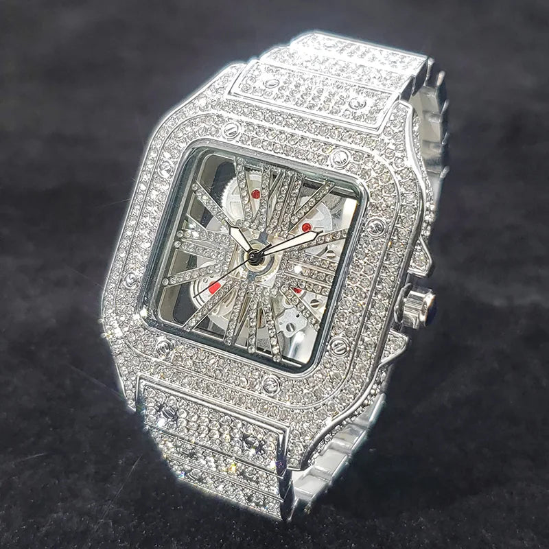 Montre homme iced out carrée à cadran squelette, acier serti de strass, argenté, King Watch