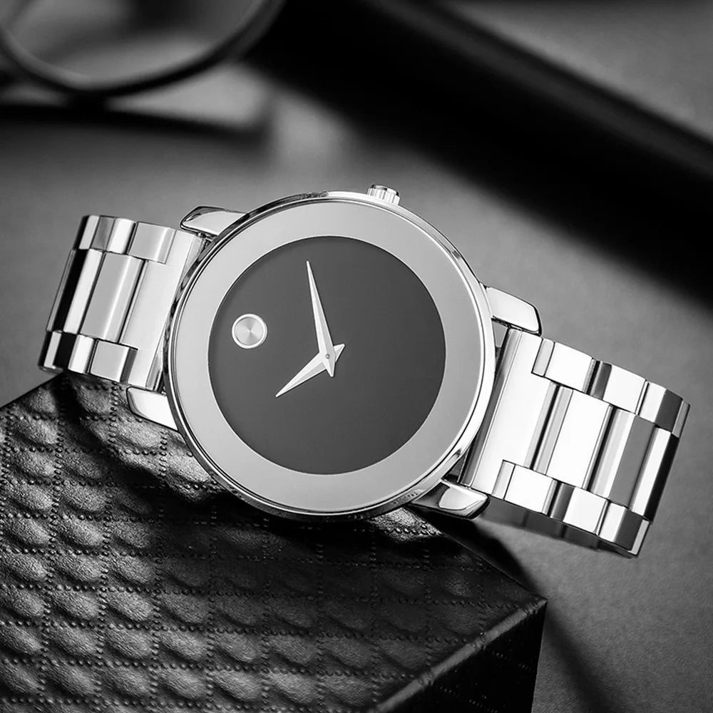 Minimalist watch with clean dial and no numerals, steel bracelet, silver-tone, black dial, King Watch