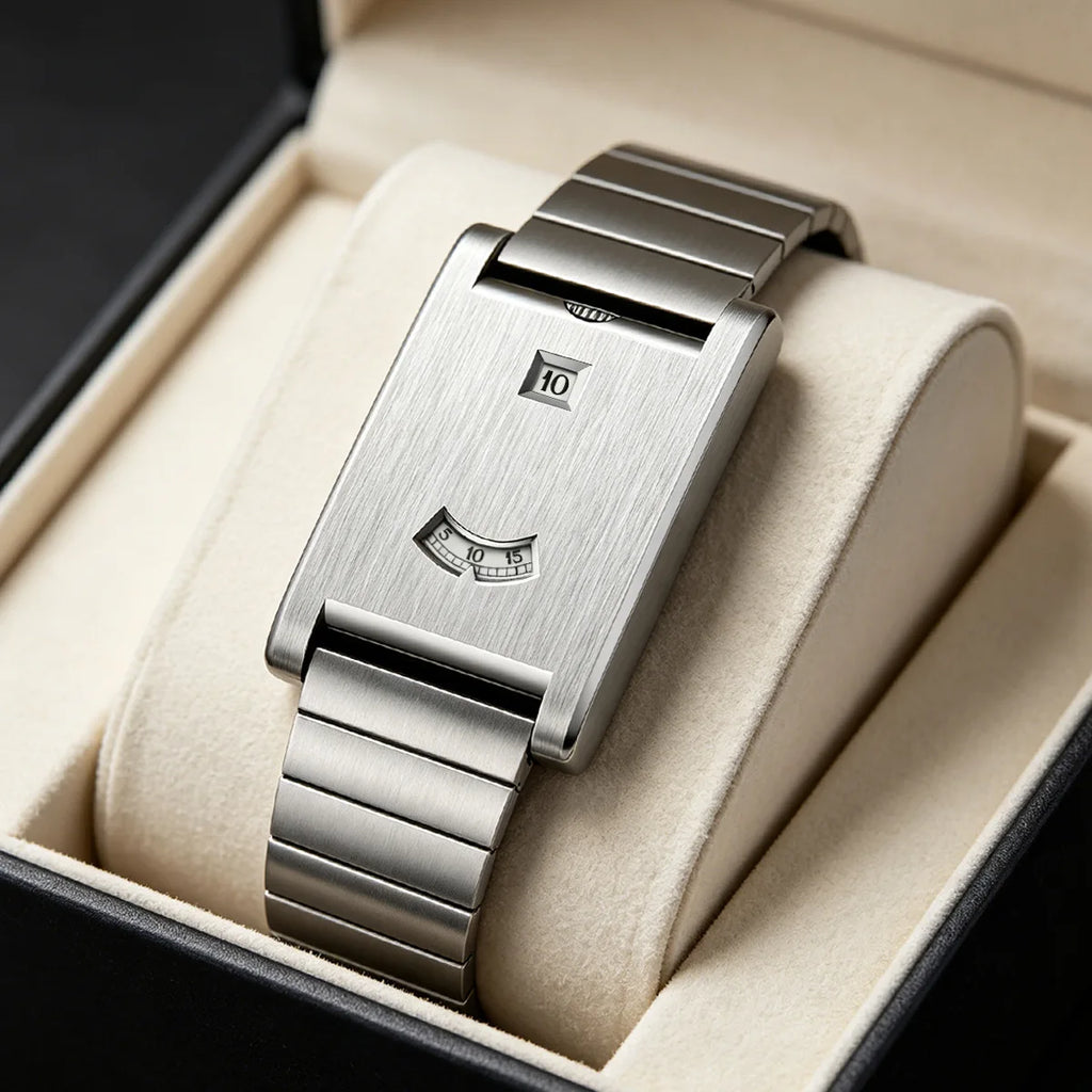 Rectangular jump hour watch in brushed steel, view 5, King Watch