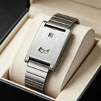 Rectangular jump hour watch in brushed steel, silver-tone, King Watch