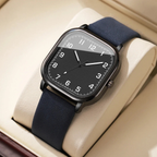 Men's square watch with an anthracite grey case and blue leather strap, blue, King Watch