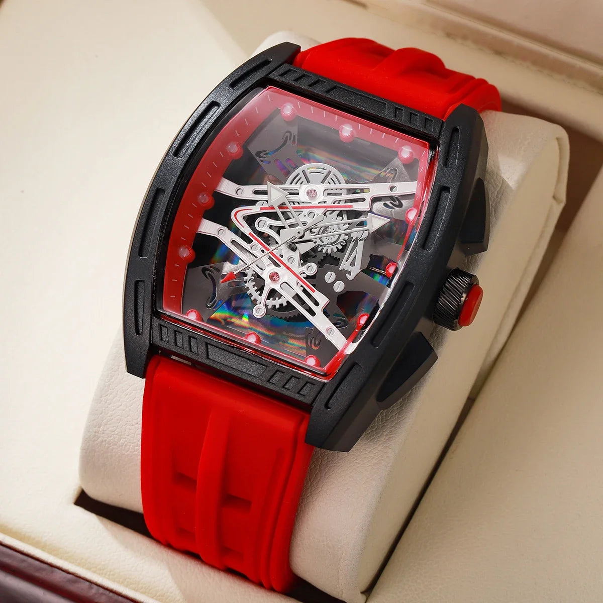 Montre homme tonneau noire à cadran ajouré, bracelet en silicone, rouge, King Watch